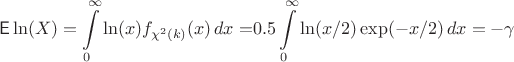 $$\mathsf E\ln(X) = \int\limits_0^{\infty} \ln(x) f_{\chi^2(k)}(x)\,dx \; \mathsf = 0.5\int\limits_0^{\infty} \ln(x/2)\exp(-x/2)\,dx = -\gamma$$