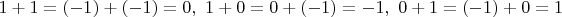 $1+1=(-1)+(-1)=0,\ 1+0=0+(-1)=-1,\ 0+1=(-1)+0=1$