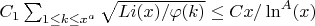 $C_1\sum_{1 \leq k \leq x^a} \sqrt {Li(x)/ \varphi(k)} \leq Cx/\ln^A(x)$