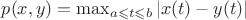 $\[
p(x,y) = \max _{a \leqslant t \leqslant b} |x(t) - y(t)|
\]$