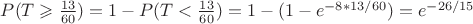 $P(T\geqslant \frac {13}{60})=1-P(T<\frac {13}{60})=1-(1-e ^{-8*13/60})=e ^{-26/15}$