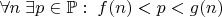 $\forall n\; \exists p \in \mathbb {P}:\; f(n) < p < g(n)$