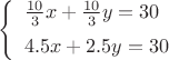 $\left\{\begin{array}{l} {\frac{10}{3}x+\frac{10}{3}y=30} \\[5pt]{4.5x+2.5y=30} \end{array}\right$
