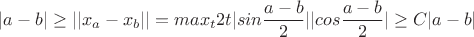 $|a-b|\geq ||x_a-x_b||=max_t 2t|sin \dfrac{a-b}{2}||cos \dfrac{a-b}{2}| \geq C|a-b|$