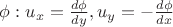 $\phi: u_x = \frac{d\phi}{dy}, u_y = -\frac{d\phi}{dx}$