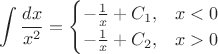 $$
\int \frac{dx}{x^2} =
\begin{cases}
-\frac{1}{x} + C_1, &x < 0 \\
-\frac{1}{x} + C_2, &x > 0
\end{cases}$$