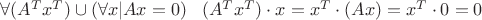 $\forall (A^Tx^T)\cup(\forall x|Ax=0)\;\;\;(A^Tx^T)\cdot x=x^T\cdot (Ax)= x^T\cdot 0=0$