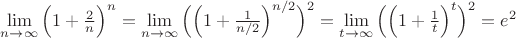 $\lim\limits_{n \rightarrow \infty} \Big(1+\frac{2}{n}\Big)^n=\lim\limits_{n \rightarrow \infty} \Big(\Big(1+\frac{1}{n/2}\Big)^{n/2}\Big)^2=\lim\limits_{t \rightarrow \infty} \Big(\Big(1+\frac{1}{t}\Big)^t\Big)^2=e^2$