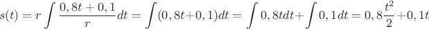 $$s(t) =r \int\limits_{}^{}\frac{0,8t+0,1}{r}dt = \int\limits_{}^{}(0,8t+0,1)dt = \int\limits_{}^{}0,8tdt+ \int\limits_{}^{} 0,1dt = 0,8\frac{t^2}{2} + 0,1t$$