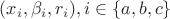 $(x_i, \beta_i, r_i), i \in \{a, b, c\}$