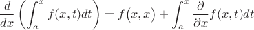 $$ \frac {d}{dx}}\left(\int _{a}^{x}f(x,t)dt\right)=f{\big (}x,x{\big )}+\int _{a}^{x}{\frac {\partial }{\partial x}}f(x,t)dt $$