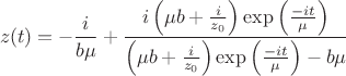 $$z(t)=-\frac{i}{b\mu}
+ \frac {i\left(\mu b+\frac{i}{z_0}\right)\exp\left(\frac {-it}{\mu }\right)}{\left(\mu b+\frac{i}{z_0}\right)\exp\left(\frac {-it}{\mu }\right) - b\mu}$$