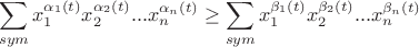 $$\sum\limits_{sym}x_1^{\alpha_1(t)}x_2^{\alpha_2(t)}...x_n^{\alpha_n(t)}\ge \sum\limits_{sym}x_1^{\beta_1(t)}x_2^{\beta_2(t)}...x_n^{\beta_n(t)}$$ $$\sum\limits_{sym}x_1^{\alpha_1(t)}x_2^{\alpha_2(t)}...x_n^{\alpha_n(t)}\ge \sum\limits_{sym}x_1^{\beta_1(t)}x_2^{\beta_2(t)}...x_n^{\beta_n(t)}$$