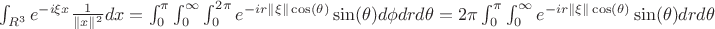 $\int_{R^3} e^{-i \xi x} \frac{1}{\|x\|^2} dx=\int_0^{\pi} \int_0^{\infty} \int_0^{2\pi} e^{-ir\|\xi\|\cos(\theta)}\sin(\theta)d\phi dr d\theta=2\pi \int_0^{\pi} \int_0^{\infty} e^{-ir\|\xi\|\cos(\theta)}\sin(\theta)dr d\theta$