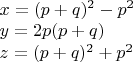 $\\x=(p+q)^2-p^2\\
y=2p(p+q)\\
z=(p+q)^2+p^2$