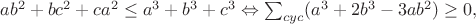 $ab^2 + bc^2+ca^2\leq a^3+b^3+c^3\Leftrightarrow\sum_{cyc}(a^3+2b^3-3ab^2)\geq0,$