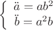 $$\[
\left\{ {\begin{array}{*{20}c}
   {\ddot a = ab^2 }  \\
   {\ddot b = a^2 b}  \\

 \end{array} } \right.
\]
$$