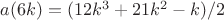$a(6k) = (12k^3+21k^2-k)/2$