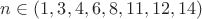 $n \in (1, 3, 4, 6, 8, 11, 12, 14)$