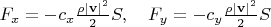 $F_x= - c_x \frac{\rho |\mathbf{v}|^2}{2}  S,\quad F_y= - c_y \frac{\rho |\mathbf{v}|^2}{2}S $