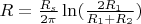 $R = \frac{R_s}{2 \pi} \ln(\frac{2 R_1}{R_1 + R_2})$