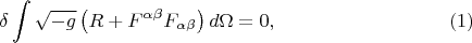 $$\delta\int\sqrt{-g}\left( R+F^{\alpha \beta}  F_{\alpha \beta}\right)d\Omega =0,\eqno (1)$$