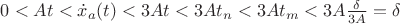 $0<At < \dot x_a(t) < 3At<3At_n<3At_{m}<3A \frac {\delta} {3A}=\delta$ $0<At < \dot x_a(t) < 3At<3At_n<3At_{m}<3A \frac {\delta} {3A}=\delta$