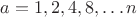 $a=1,2,4,8,\dots n$