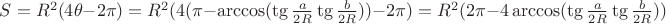 $S= R^{2}(4\theta - 2\pi)  = R^{2}(4(\pi-\arccos(\tg\frac{a}{2R} \tg\frac{b}{2R}))-2\pi)=R^{2}(2\pi - 4\arccos(\tg\frac{a}{2R} \tg\frac{b}{2R}))$