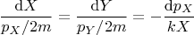 $$ \dfrac{{\rm d}X}{p_X/2m}=\dfrac{{\rm d}Y}{p_Y/2m}=-\dfrac{{\rm d}p_X}{kX}$$