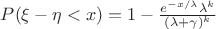 $P(\xi - \eta < x) = 1 - \frac{e^{-x/\lambda} \lambda^k}{(\lambda + \gamma)^k}$