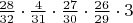 $\frac{28}{32}\cdot\frac{4}{31}\cdot\frac{27}{30}\cdot\frac{26}{29}\cdot3$