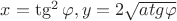 $x=\tg^2\varphi, y=2\sqrt{atg\varphi}$
