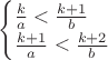 $\begin{cases}
 \frac{k}{a}<\frac{k+1}{b} \\
 \frac{k+1}{a}<\frac{k+2}{b}
\end{cases}$
