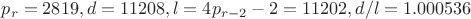 $p_r=2819, d=11208, l=4p_{r-2}-2=11202, d/l=1.000536$