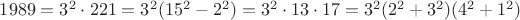 $1989=3^2\cdot 221=3^2(15^2-2^2)=3^2\cdot 13\cdot 17=3^2(2^2+3^2)(4^2+1^2)$