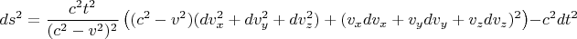 $$ds^2=\frac{c^2t^2}{(c^2-v^2)^2}\left((c^2-v^2)(dv_x^2+dv_y^2+dv_z^2)+(v_xdv_x+v_ydv_y+v_zdv_z)^2\right)-c^2dt^2$$
