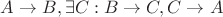 $A \to B, \exists C: B \to C, C \to A$
