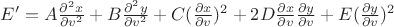 $E' = A \frac {\partial^2 x}{\partial v^2} + B \frac {\partial^2 y}{\partial v^2} + C (\frac {\partial x}{\partial v})^2 + 2D \frac {\partial x}{\partial v} \frac {\partial y}{\partial v} + E (\frac {\partial y}{\partial v})^2$