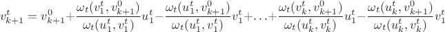 $$v_{k+1}^t=v_{k+1}^0+\frac{\omega_t(v_1^t,v_{k+1}^0)}{\omega_t(u_1^t,v_1^t)}u_1^t-\frac{\omega_t(u_1^t,v_{k+1}^0)}{\omega_t(u_1^t,v_1^t)}v_1^t+\ldots+\frac{\omega_t(v_k^t,v_{k+1}^0)}{\omega_t(u_k^t,v_k^t)}u_1^t-\frac{\omega_t(u_k^t,v_{k+1}^0)}{\omega_t(u_k^t,v_k^t)}v_1^t$$