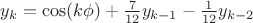 $y_{k} = \cos(k\phi) + \frac{7}{12}y_{k-1} - \frac{1}{12}y_{k-2}$