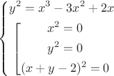 $
\left\{
\begin{gathered} 
y^2 = x^3 - 3x^2+2x \\
      \begin{gathered} 
       \left[ 
  \begin{gathered} 
x^2 = 0 \\
y^2 = 0 \\
(x + y - 2)^2 = 0 \\
  \end{gathered} 
\right.
      \end{gathered} 
 \end{gathered} 
$