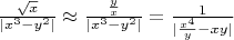 $\frac{\sqrt{x}}{|x^3-y^2|}\approx\frac{\frac{y}{x}}{|x^3-y^2|}=\frac{1}{|\frac{x^4}{y}-xy|}$