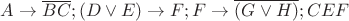 $A \to \overline{BC}; (D \vee E) \to F; F \to \overline{(G \vee H)}; CEF$