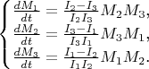 $$\begin{cases}\frac{dM_1}{dt}=\frac{I_2-I_3}{I_2I_3}M_2M_3\text{,}\\ \frac{dM_2}{dt}=\frac{I_3-I_1}{I_3I_1}M_3M_1\text{,}\\ \frac{dM_3}{dt}=\frac{I_1-I_2}{I_1I_2}M_1M_2\text{.}\end{cases}$$