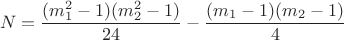 $$N=\frac{(m_1^2-1)(m_2^2-1)}{24}-\frac{(m_1-1)(m_2-1)}{4}$$