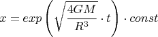 $$x=exp\left({\sqrt{4GM\over R^3}}\cdot t\right)\cdot const$$