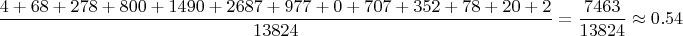 $$\frac{4 + 68 + 278  + 800 + 1490 + 2687 + 977 + 0 + 707 + 352 + 78 + 20 + 2}{13824} = \frac{7463}{13824} \approx 0.54$$