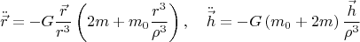 $$\ddot{\vec r} =  - G\frac{{\vec r}}{{r^3 }}\left( {2m + m_0 \frac{{r^3 }}{{\rho ^3 }}} \right),\quad \ddot{\vec h} =  - G\left( {m_0  + 2m} \right)\frac{{\vec h}}{{\rho ^3 }}$$