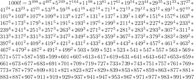 $1000!=3^{498}*4^{497}*5^{249}*7^{164}*11^{98}*13^{81}*17^{61}*19^{54}*23^{44}
*29^{35}*31^{33}*37^{27}*41^{24}*43^{23}*47^{21}*53^{18}*59^{16}*61^{16}*67^{14}
*71^{14}*73^{13}*79^{12}*83^{12}*89^{11}*97^{10}*101^9*103^9*107^9*109^9*113^8*127^7
*131^7*137^7*139^7*149^6*151^6*157^6*163^6*167^5*173^5*179^5*181^5*191^5*193^5*197^5
*199^5*211^4*223^4*227^4*229^4*233^4*239^4*241^4*251^3*257^3*263^3*269^3*271^3*277^3
*281^3*283^3*293^3*307^3*311^3*313^3*317^3*331^3*337^2*347^2*349^2*353^2*359^2*367^2
*373^2*379^2*383^2*389^2*397^2*401^2*409^2*419^2*421^2*431^2*433^2*439^2*443^2*449^2
*457^2*461^2*463^2*467^2*479^2*487^2*491^2*499^2*503*509*521*523*541*547*557*563*569
*571*577*587*593*599*601*607*613*617*619*631*641*643*647*653*659*661*673*677*683*691
*701*709*719*727*733*739*743*751*757*761*769*773*787*797*809*811*821*823*827*829*839
*853*857*859*863*877*881*883*887*907*911*919*929*937*941*947*953*967*971*977*983*991*997$